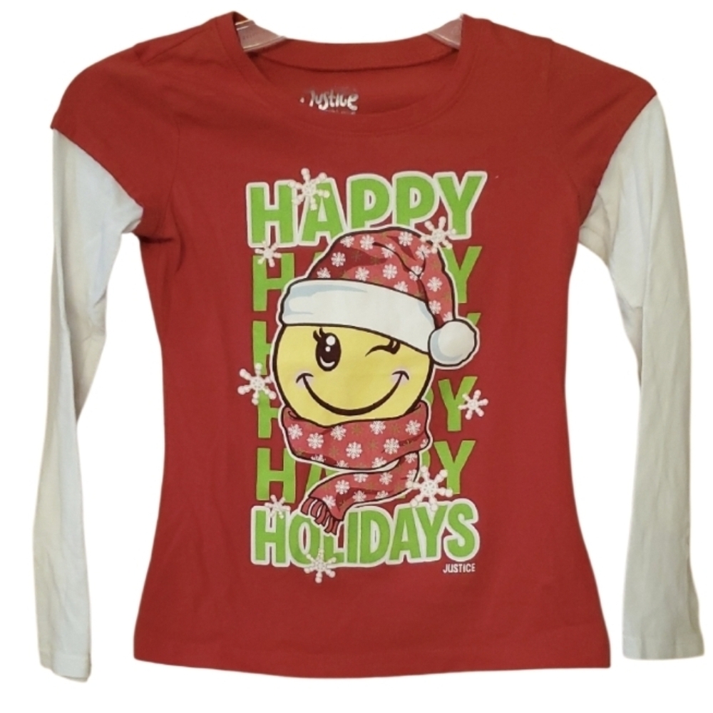 Justice Red Chriatmas Holiday Long Sleeve Shirt With Santa Emoji Size 8